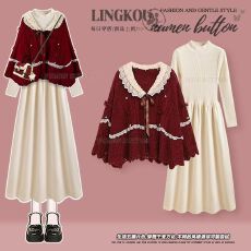 批发大码秋冬甜美风套装女红色圣诞针织<b class='q'>开衫</b>搭配减龄优雅连衣裙两件套