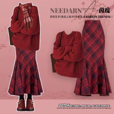 批发冬季一整套圣诞本命年穿搭高级感巨好看红色<b class='q'>毛衣</b>鱼尾半身裙两件套