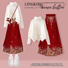 批发大码秋季新中式国风套装女气质轻熟风针织<b class='q'>毛衣</b>搭复古马面裙两件套