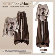 批发美式慵懒风印花圆领卫衣女秋冬季新款大码胖mm宽松格子牛仔裤<b class='q'>套装</b>