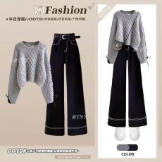 批发轻熟2025秋冬新款减龄套装圆领毛<b class='q'>衣外套</b>绑带针织直筒牛仔裤两件套