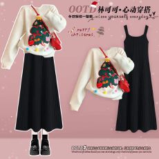 批发2025冬季新款氛围感套装圆领设计感圣诞<b class='q'>毛衣</b>针织吊带连衣裙两件套