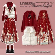 批发冬季新中式国风套装女棉服<b class='q'>马甲</b>红色针织毛衣搭高级感马面裙三件套