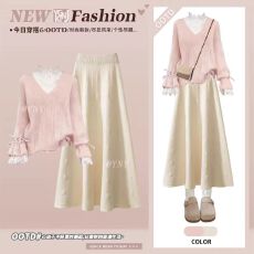 批发<b class='q'>韩版</b>温柔风粉色假两件针织毛衣半身裙套装女冬季千金感穿搭两件套