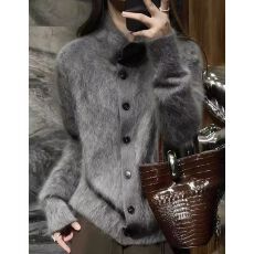 批发灰色时髦气质长袖<b class='q'>针织</b><b class='q'>开衫</b>女2025秋冬季新款时尚减龄洋气软糯上衣