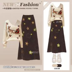 秋冬新款美式套装女优雅圣诞针织毛衣搭时尚减龄花朵半身裙两件套