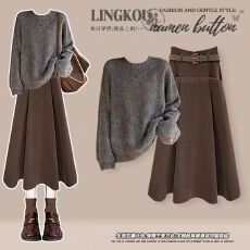 批发大码秋<b class='q'>冬</b>休闲套装女减龄圆领百搭针织毛衣配复古遮肉半身裙两件套