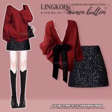 批发大码秋<b class='q'>冬</b>洋气套装女红色圣诞精致针织毛衣搭配显瘦亮片短裙两件套