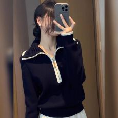 批发设计感撞色半拉链针织衫慵懒百搭长袖毛衣2025<b class='q'>冬</b>季减龄时髦打底衫