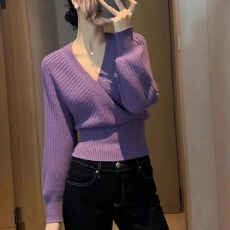 批发小个子法式温柔风紫色V领针织衫女秋<b class='q'>冬</b>高端时髦气质修身长袖上衣