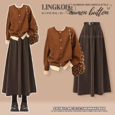 批发大码秋<b class='q'>冬</b>气质套装女复古假两件针织开衫搭配高腰显瘦半身裙两件套