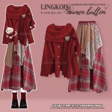 批发秋<b class='q'>冬</b>时尚洋气女士套装圣诞红色精致毛衣搭配高腰格子半身裙两件套