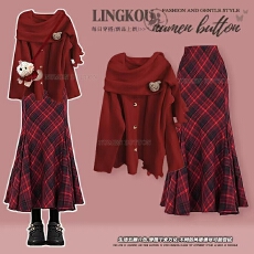 批发大码秋<b class='q'>冬</b>小香风套装女圣诞氛围感针织毛衣搭红色格子鱼尾裙两件套