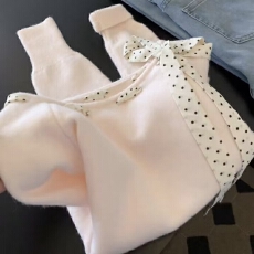 批发波点系带蝴蝶结粉色毛衣针织衫女秋<b class='q'>冬</b>季甜美气质宽松显瘦内搭上衣