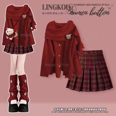 批发大码秋<b class='q'>冬</b>学院风套装女红色圣诞氛围感毛衣减龄格子百褶短裙两件套