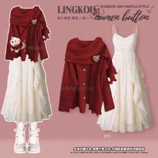 批发大码秋<b class='q'>冬</b>绝美套装女红色圣诞针织毛衣搭配小众不规则连衣裙两件套