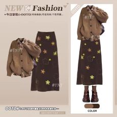 批发<b class='q'>冬</b>季复古套装女美拉德针织毛衣叠穿格子衬衫搭配印花半身裙三件套