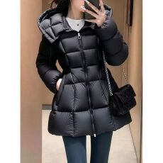 批发高级有质感黑色端庄修身时尚百搭方块棉服女<b class='q'>冬</b>新款收腰中长款外套