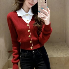 批发红色假两件针织上衣女<b class='q'>冬</b>本命年新年高端时髦洋气巨好看掐腰毛衣厚