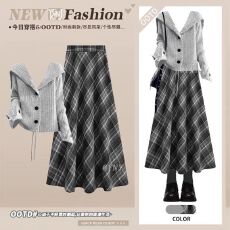 批发韩系学院风灰色套装女秋冬季宽松<b class='q'>短款</b>针织衫格纹半身裙减龄两件套