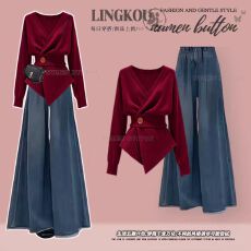 批发大码秋<b class='q'>冬</b>气质套装女气质圣诞红色轻熟风针织衫搭阔腿牛仔裤两件套