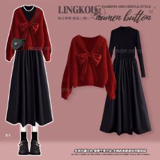 批发大码秋<b class='q'>冬</b>法式套装女减龄红色V领针织毛衣配轻奢百搭连衣裙两件套