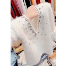 批发法式气质温柔风钉珠V领针织毛衣女秋<b class='q'>冬</b>大码胖MM洋气百搭内搭上衣