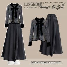 批发大码秋<b class='q'>冬</b>气质套装女法式减龄蝴蝶结针织开衫搭高腰休闲裙裤两件套