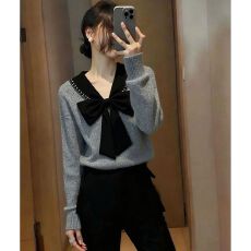 批发小个子蝴蝶结针织衫女秋<b class='q'>冬</b>慵懒风高级感减龄内搭显瘦别致长袖上衣