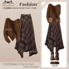 批发秋<b class='q'>冬</b>新时尚复古套装女减龄优雅针织开衫配不规则格纹半身裙两件套