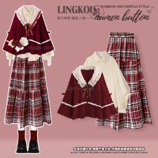 批发大码秋季气质套装女减龄针织毛衣打底衫搭配红色格子半身裙三件套