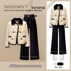 秋季法式小香风杏色短款菱格棉服外套搭高腰显瘦直筒牛仔裤两件套