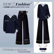 批发秋季穿搭一整套韩系穿搭学院风假两件毛衣女垂感阔腿牛仔<b class='q'>裤</b>两件套