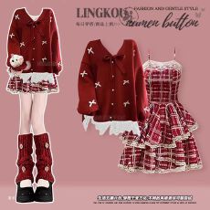 批发红色甜美蕾丝圣诞新年蝴蝶结针织毛衣冬季吊带格子<b class='q'>蓬蓬</b>蛋糕<b class='q'>裙套装</b>