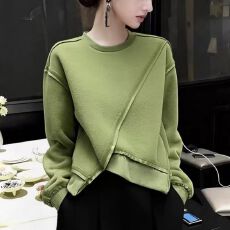 批发小个子慵懒风绿色拼接<b class='q'>卫衣</b><b class='q'>女</b>秋冬设计感不规则宽松百搭气质上衣潮