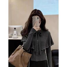 批发韩系格雷系慵懒高级感气质灰色斗篷蝴蝶结系带<b class='q'>针织</b>开衫毛衣女秋冬