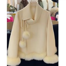 批发大码双面毛呢<b class='q'>短</b>款斗篷拼接毛毛大衣女冬季千金风气质宽松保暖外套