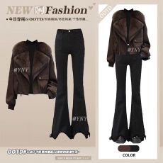 批发复古毛领<b class='q'>外套</b>黑色打底上衣微喇牛仔裤女冬季三件套小个子<b class='q'>气质</b>套装