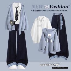 批发冬季韩系套装女学院风针织连帽外套打底<b class='q'>衬衫</b>阔腿<b class='q'>格子</b>牛仔裤三件套
