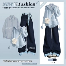 批发冬季韩系套装女学院风减龄连帽毛衣叠穿<b class='q'>衬衫</b>搭设计感牛仔裤三件套