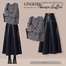 批发大码秋季轻熟风套装女高级感减龄针织毛衣显瘦御姐风半身裙两件套