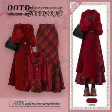 批发大码秋冬高级感套装女减龄针织外套圣诞红色毛衣修身半身裙三件套