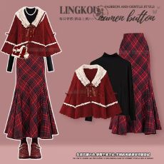 批发<b class='q'>大码</b>秋冬绝美套装女红色圣诞毛衣打底衫减龄格子鱼尾半身裙三件套