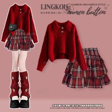 批发<b class='q'>大码</b>秋冬甜美风套装女圣诞绝美小众毛衣显瘦红色蓬蓬蛋糕裙两件套