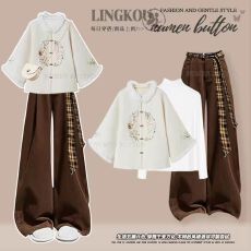 批发<b class='q'>大码</b>秋冬国风套装女新中式加厚外套打底衫显瘦美拉德休闲裤三件套