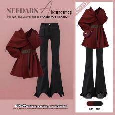 批发<b class='q'>大码</b>秋冬高级感套装女法式圣诞红色斗篷外套显瘦紧身牛仔裤两件套