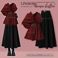 批发<b class='q'>大码</b>秋冬洋气套装女圣诞不撞款红色外套搭配气质显瘦半身裙两件套