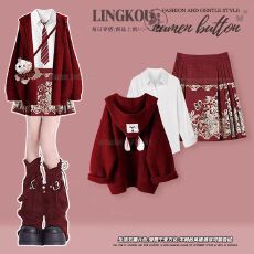 批发<b class='q'>大码</b>秋冬圣诞风套装女减龄红色外套打底衫显瘦新中式百褶裙三件套