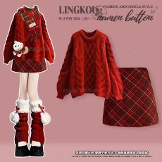 批发<b class='q'>大码</b>秋冬气质套装女绝美圣诞针织毛衣红色格子半身裙短裙两件套