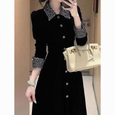 批发法式小香风黑色<b class='q'>翻领</b>收腰<b class='q'>连衣裙</b>女2025秋冬新款高级感气质a字长裙